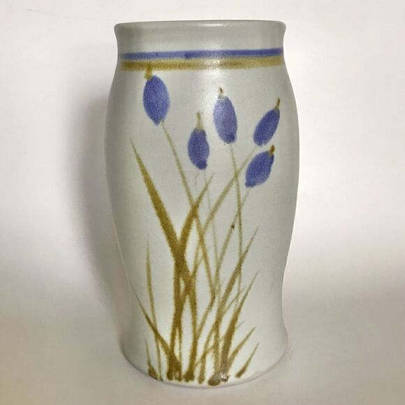 Vintage Artist Signed Blue Floral Botanical 8”  Salt Glaze Pottery Vase - Picture 3 of 14